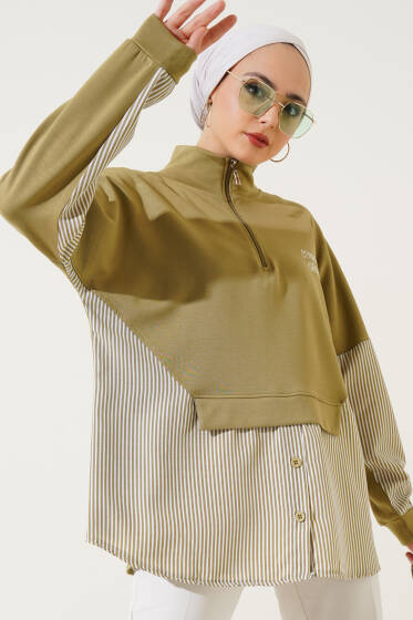 Yaka Fermuarlı Çizgi Garnili Tunik Haki - Tunik