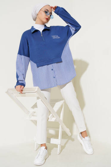 Yaka Fermuarlı Çizgi Garnili Tunik İndigo - Tunik