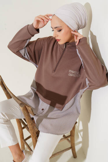 Yaka Fermuarlı Çizgi Garnili Tunik Kahve - Tunik