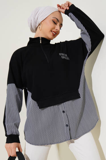 Yaka Fermuarlı Çizgi Garnili Tunik Siyah - Tunik