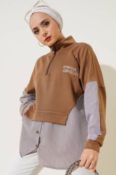 Yaka Fermuarlı Çizgi Garnili Tunik Taba - Tunik