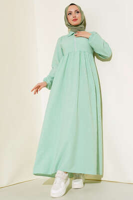 Yaka Fermuarlı Çizgili Gofre Elbise Yeşil - Thumbnail