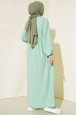 Yaka Fermuarlı Çizgili Gofre Elbise Yeşil - Thumbnail