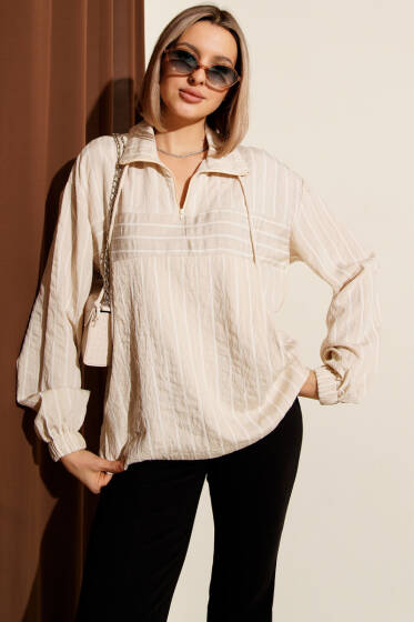 Yaka Fermuarlı Çizgili Gömlek Bej - Kadın Giyim Modelleri