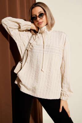 Yaka Fermuarlı Çizgili Gömlek Bej - Kadın Giyim Modelleri