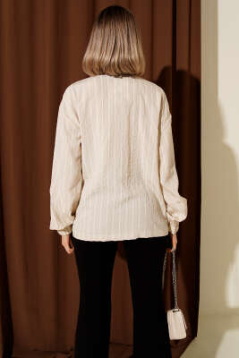 Yaka Fermuarlı Çizgili Gömlek Bej - Kadın Giyim Modelleri