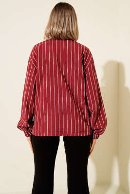 Yaka Fermuarlı Çizgili Gömlek Bordo - Kadın Giyim Modelleri