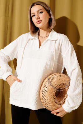 Yaka Fermuarlı Çizgili Gömlek Ekru - Kadın Giyim Modelleri