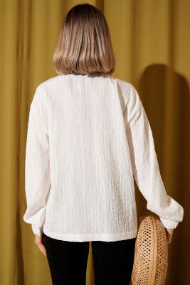 Yaka Fermuarlı Çizgili Gömlek Ekru - Kadın Giyim Modelleri