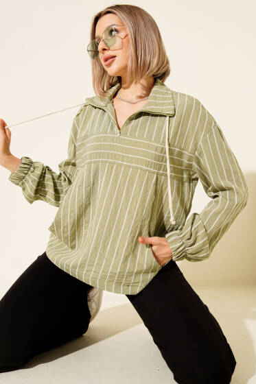 Yaka Fermuarlı Çizgili Gömlek Haki - Kadın Giyim Modelleri