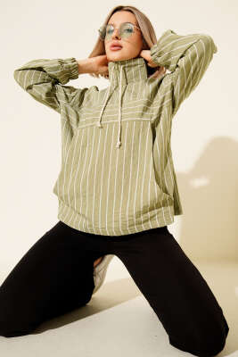 Yaka Fermuarlı Çizgili Gömlek Haki - Kadın Giyim Modelleri
