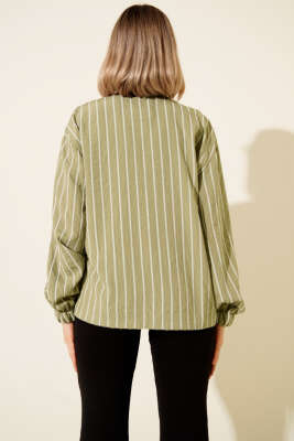Yaka Fermuarlı Çizgili Gömlek Haki - Kadın Giyim Modelleri