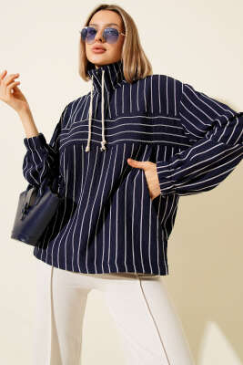 Yaka Fermuarlı Çizgili Gömlek Lacivert - Kadın Giyim Modelleri
