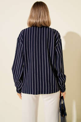 Yaka Fermuarlı Çizgili Gömlek Lacivert - Kadın Giyim Modelleri