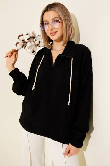 Yaka Fermuarlı Çizgili Gömlek Siyah - Kadın Giyim Modelleri