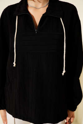 Yaka Fermuarlı Çizgili Gömlek Siyah - Kadın Giyim Modelleri