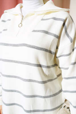 Yaka Fermuarlı Çizgili Triko Takım Gri - Triko İkili Takım