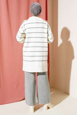 Yaka Fermuarlı Çizgili Triko Takım Gri - Triko İkili Takım