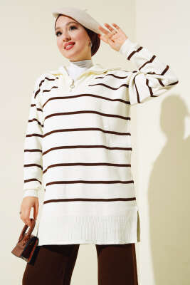 Yaka Fermuarlı Çizgili Triko Takım Kahve - Triko İkili Takım