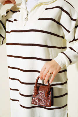 Yaka Fermuarlı Çizgili Triko Takım Kahve - Triko İkili Takım