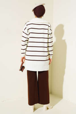 Yaka Fermuarlı Çizgili Triko Takım Kahve - Triko İkili Takım