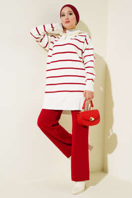 Yaka Fermuarlı Çizgili Triko Takım Kırmızı 