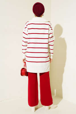 Yaka Fermuarlı Çizgili Triko Takım Kırmızı - Triko İkili Takım