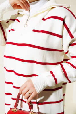 Yaka Fermuarlı Çizgili Triko Takım Kırmızı - Triko İkili Takım