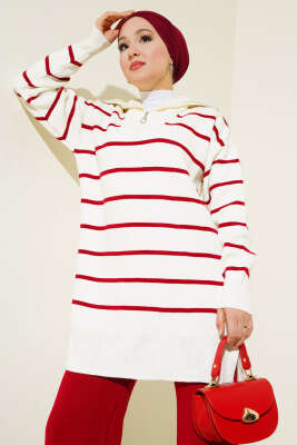 Yaka Fermuarlı Çizgili Triko Takım Kırmızı - Triko İkili Takım