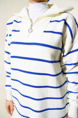 Yaka Fermuarlı Çizgili Triko Takım Saks - Triko İkili Takım