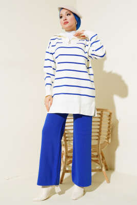 Yaka Fermuarlı Çizgili Triko Takım Saks - Triko İkili Takım