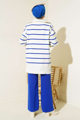 Yaka Fermuarlı Çizgili Triko Takım Saks - Triko İkili Takım