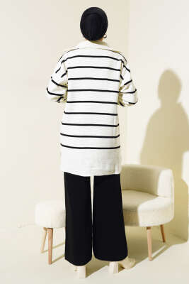 Yaka Fermuarlı Çizgili Triko Takım Siyah - Triko İkili Takım