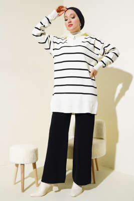 Yaka Fermuarlı Çizgili Triko Takım Siyah - Triko İkili Takım