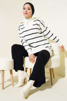Yaka Fermuarlı Çizgili Triko Takım Siyah 