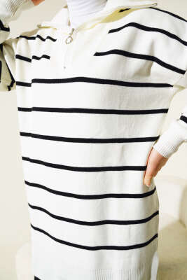 Yaka Fermuarlı Çizgili Triko Takım Siyah - Triko İkili Takım