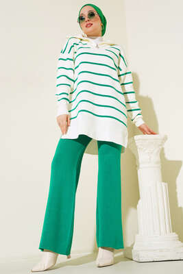 Yaka Fermuarlı Çizgili Triko Takım Yeşil - Triko İkili Takım