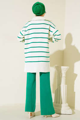 Yaka Fermuarlı Çizgili Triko Takım Yeşil - Triko İkili Takım