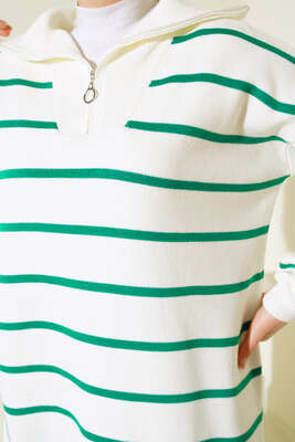 Yaka Fermuarlı Çizgili Triko Takım Yeşil - Triko İkili Takım