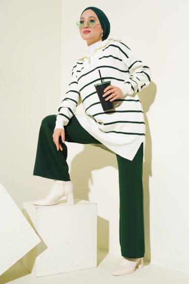Yaka Fermuarlı Çizgili Triko Takım Zümrüt - İkili Takım