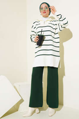 Yaka Fermuarlı Çizgili Triko Takım Zümrüt - Triko İkili Takım