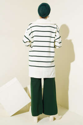 Yaka Fermuarlı Çizgili Triko Takım Zümrüt - Triko İkili Takım