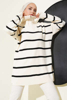 Yaka Fermuarlı Çizgili Triko Tunik Bej 
