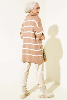 Yaka Fermuarlı Çizgili Triko Tunik Büsküvi - Triko Tunik