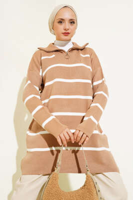 Yaka Fermuarlı Çizgili Triko Tunik Büsküvi - NOVALÜX