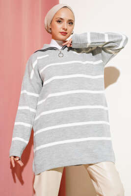 Yaka Fermuarlı Çizgili Triko Tunik Gri 
