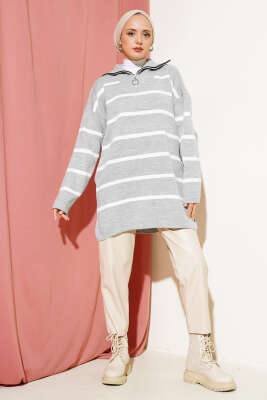 Yaka Fermuarlı Çizgili Triko Tunik Gri - Triko Tunik