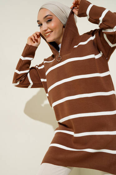 Yaka Fermuarlı Çizgili Triko Tunik Kestane - Uzun Tunik
