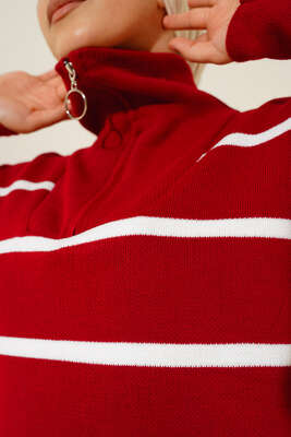 Yaka Fermuarlı Çizgili Triko Tunik Kırmızı - Triko Tunik