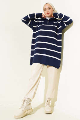 Yaka Fermuarlı Çizgili Triko Tunik Lacivert - Triko Tunik